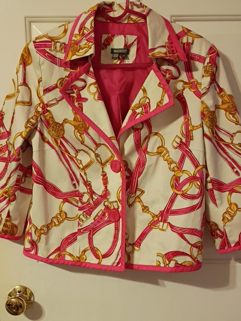 Musette Pink, White & Gold Chain-Print Cropped Blazer